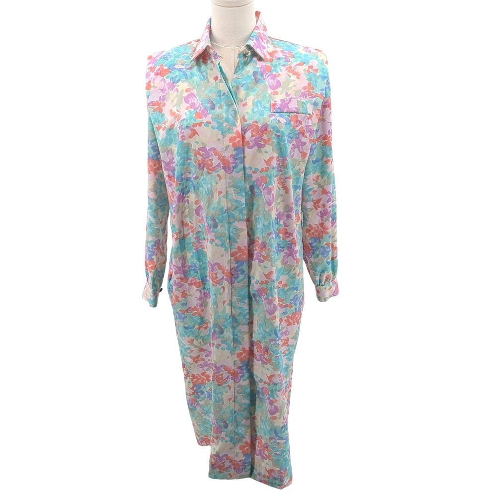 Vintage 80s Floral Shirt Dress Watercolor Midi Wrinkle Resistant USA Size 10‎